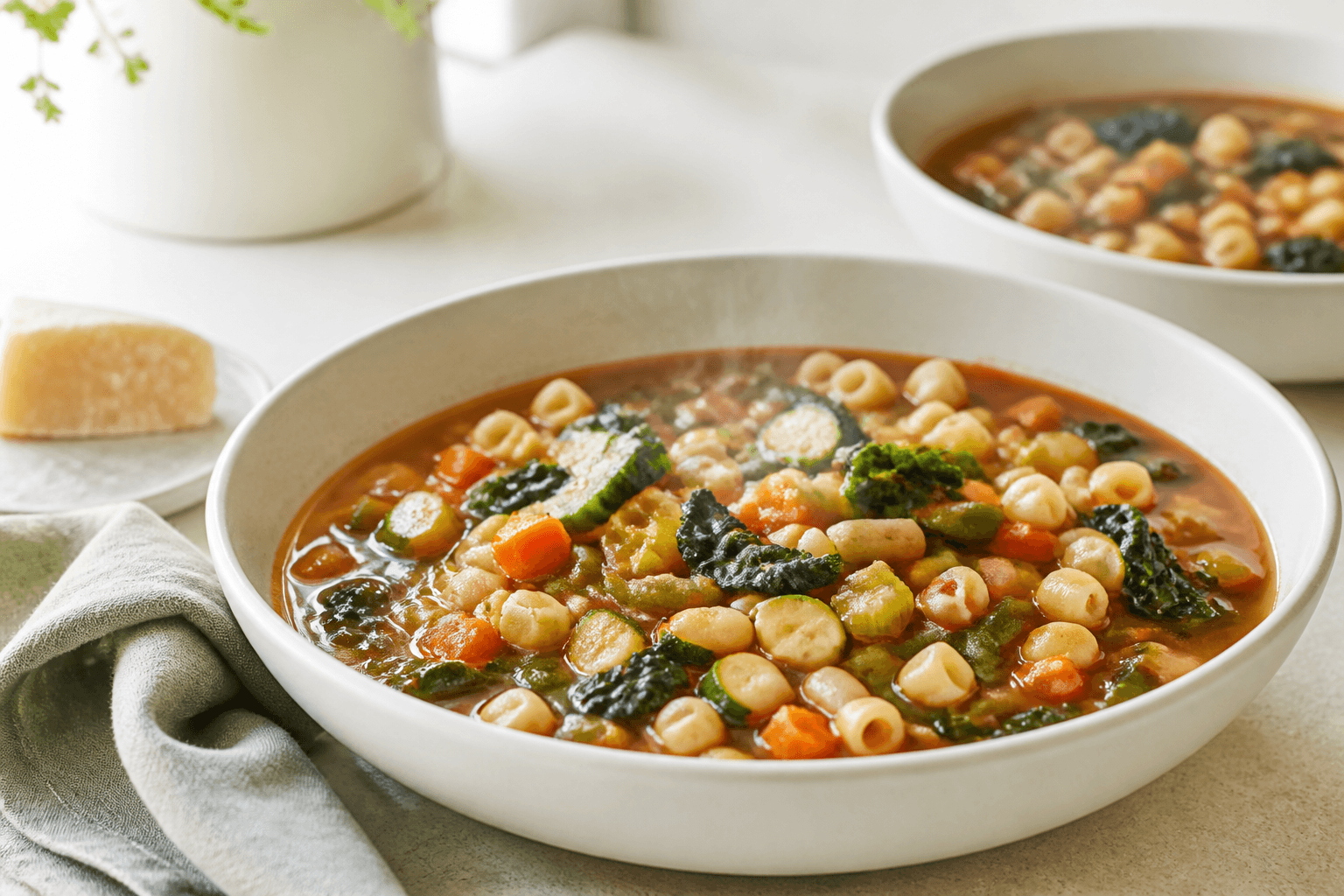 Lys skål med minestronesuppe, ditalini, hvide bønner, gulerod, squash, grønne bønner og mørke kålblade