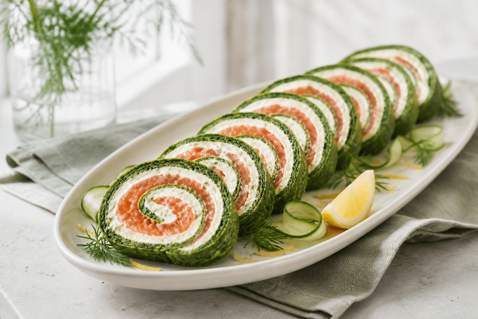Skiver af grøn spinatroulade med hvid citronflødeost, rosa røget laks, dild og agurk på et lyst fad