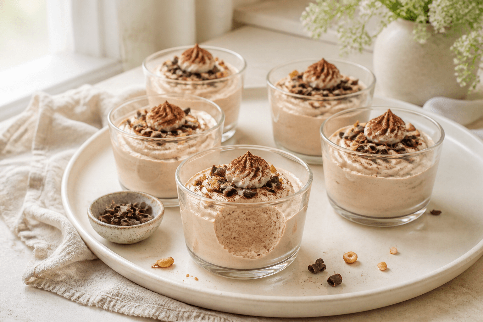 Fem lyse dessertglas med luftig Baileys-fromage, mørk chokolade, hasselnødder og kakaodrys