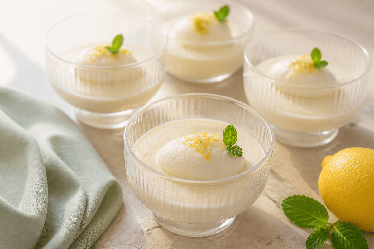 Fire lave glas med lys citronfromage, flødetop, citronzest og frisk mynte