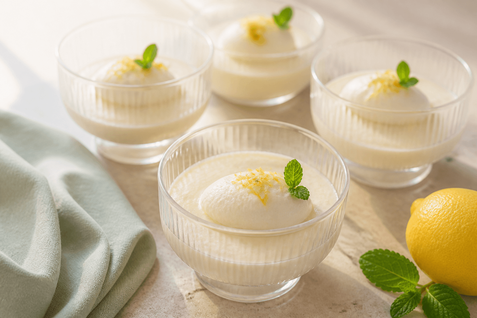 Fire lave glas med lys citronfromage, flødetop, citronzest og frisk mynte