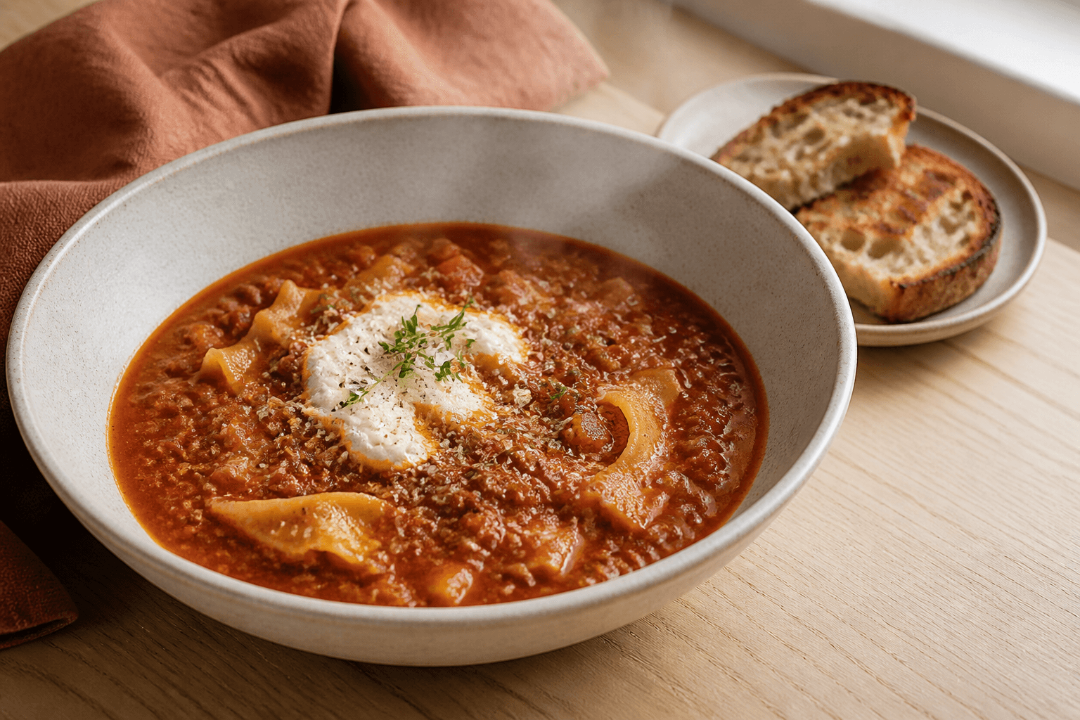 Dyb sandfarvet skål med rød lasagnesuppe, pastaplader, ricottacreme, parmesan og grillet brød