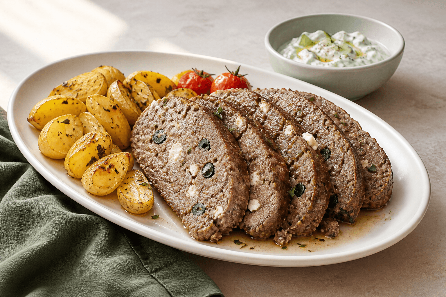 Skiver af græsk farsbrød med feta og oliven, ovnkartofler, tomater og tzatziki på lyst fad
