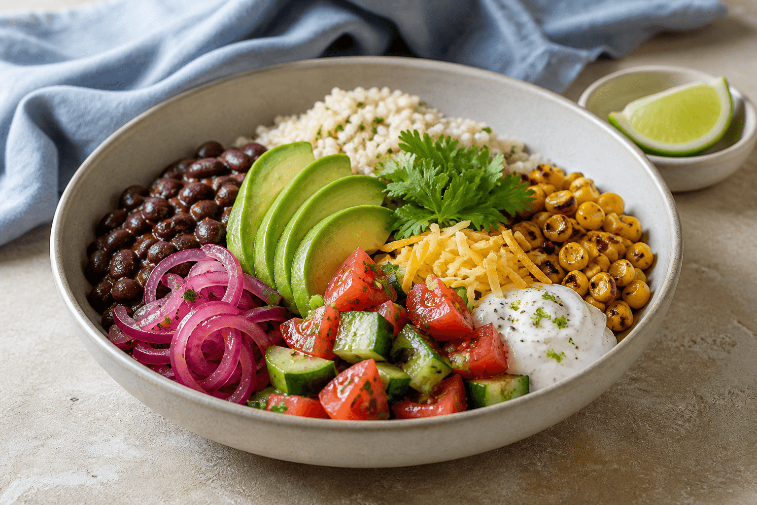 Mexi bowl med brune limeris, sorte bønner, ristet majs, avocado, salsa, cheddar, yoghurt og koriander