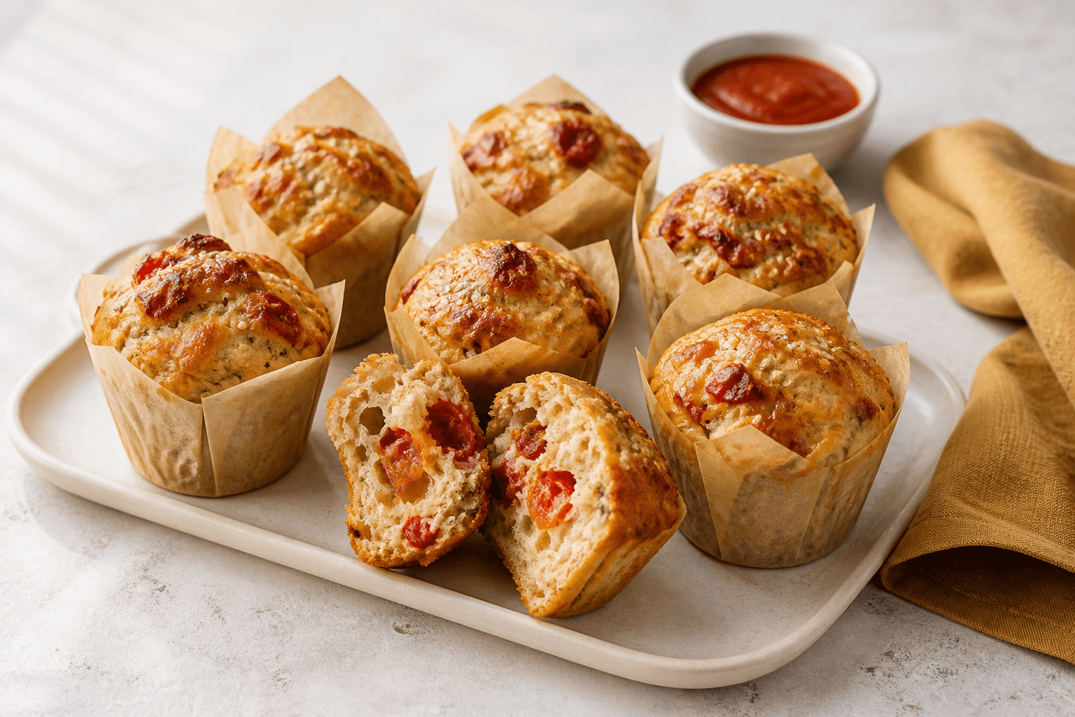 Syv gyldne pizzamuffins med tomat, mozzarella, urter og en muffin skåret over på lyst fad