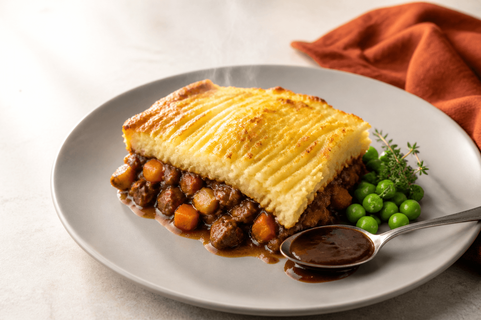 Stykke shepherds pie med mørk lammefyld, rodfrugter og gyldent kartoffel-pastinaklåg på gråt fad