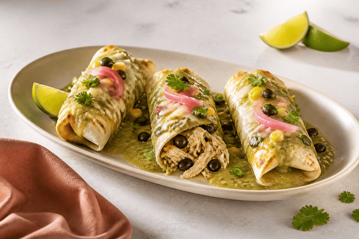 Tre kyllingeenchiladas med grøn chilisauce, sorte bønner, majs, ost, syltet rødløg og lime på lyst fad