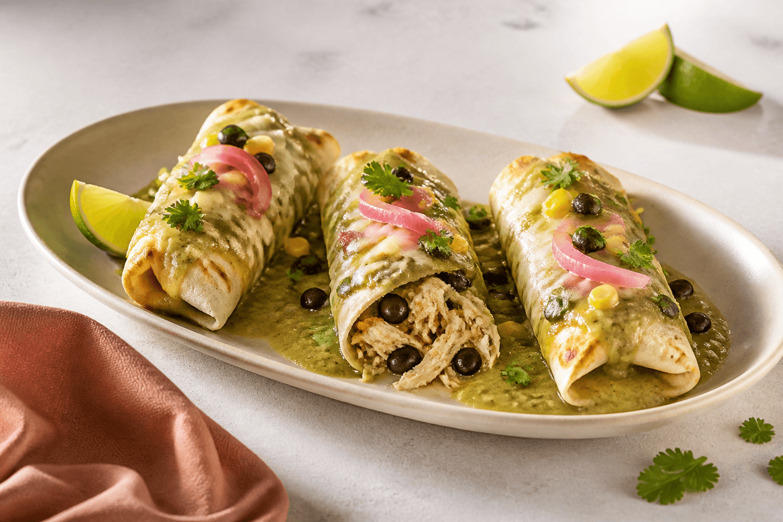 Tre kyllingeenchiladas med grøn chilisauce, sorte bønner, majs, ost, syltet rødløg og lime på lyst fad