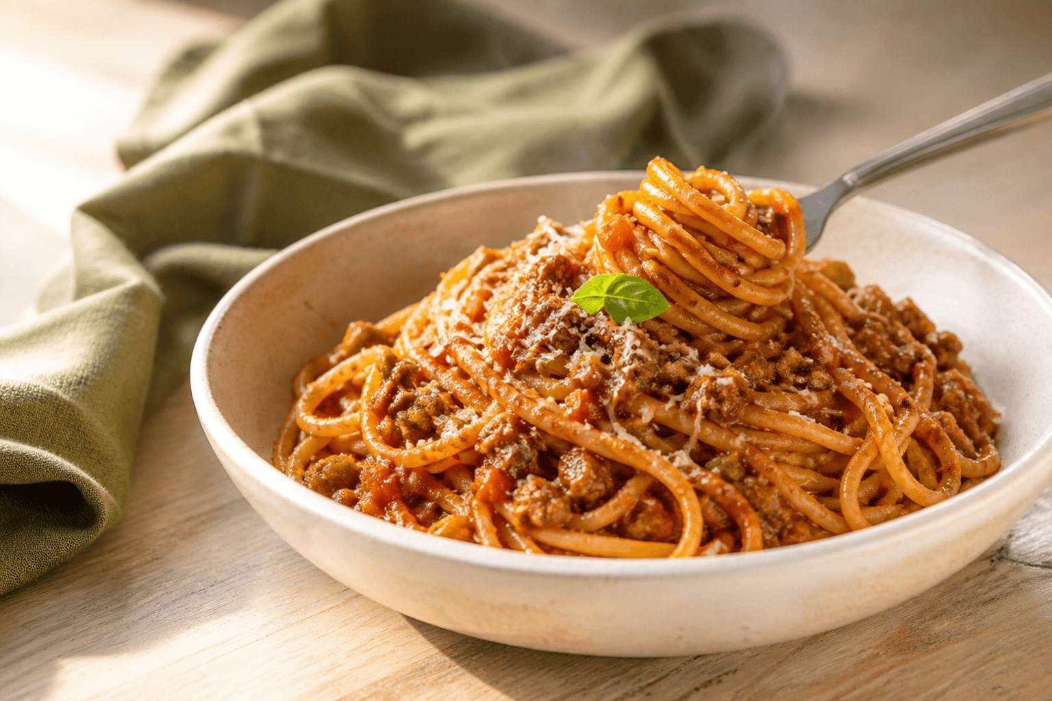 Spaghetti vendt i blank bologneseragù med oksekød, pancetta, grøntsager og parmesan i lys skål