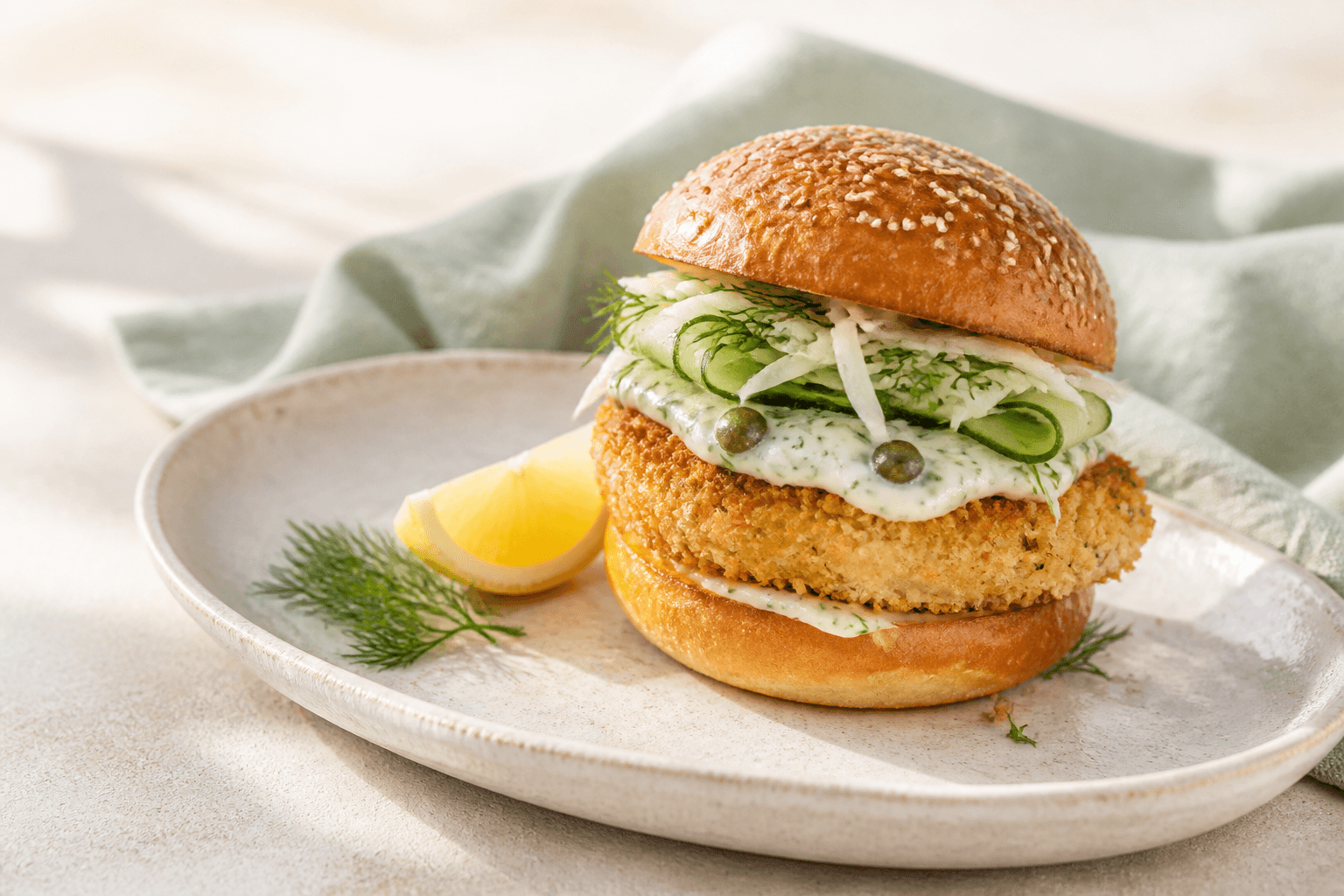 Fiskeburger med sprød torsk, fennikelslaw, agurk og dild-kaperscreme på lyst keramisk fad