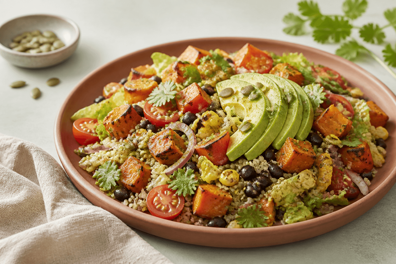 Tex-Mex salat med quinoa, sød kartoffel, sorte bønner, majs, avocado og lime-pepitadressing