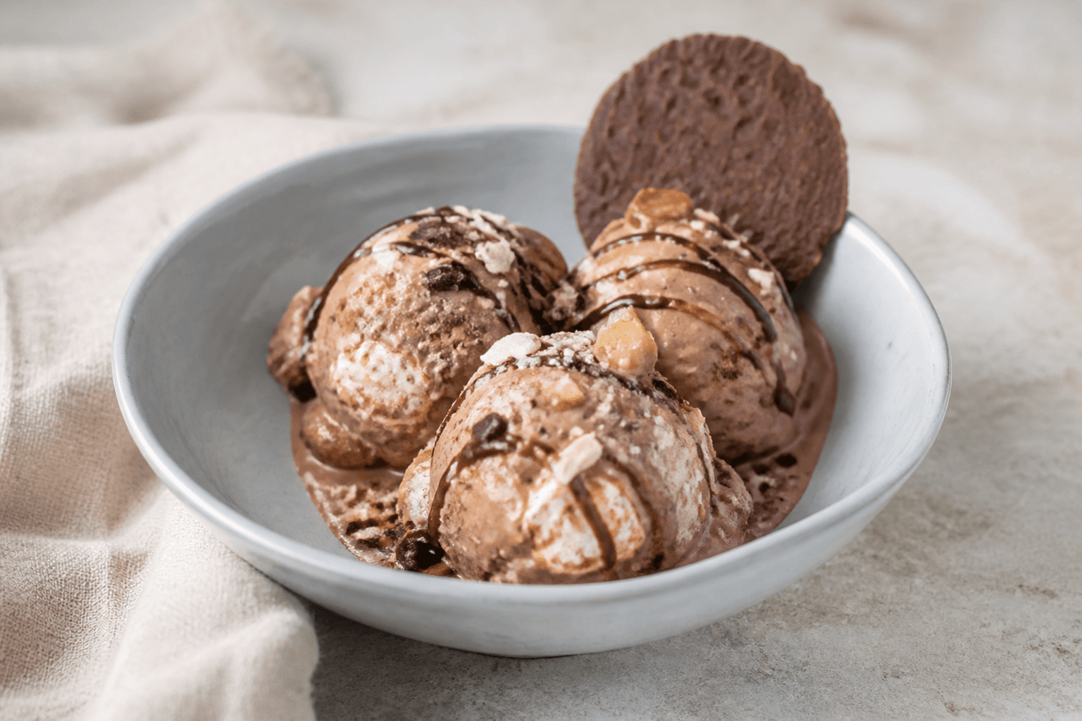 Tre kugler rocky road-chokoladeis med mandler, marshmallows, fudge og chokolade i lyseblå keramikskål