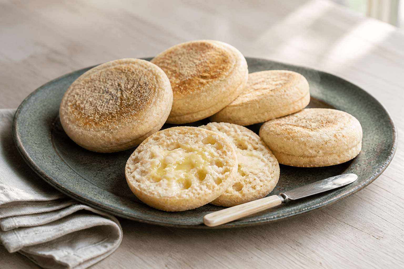 Fem hjemmelavede English muffins på mørkegrønt fad, én gaffeldelt med smeltende smør