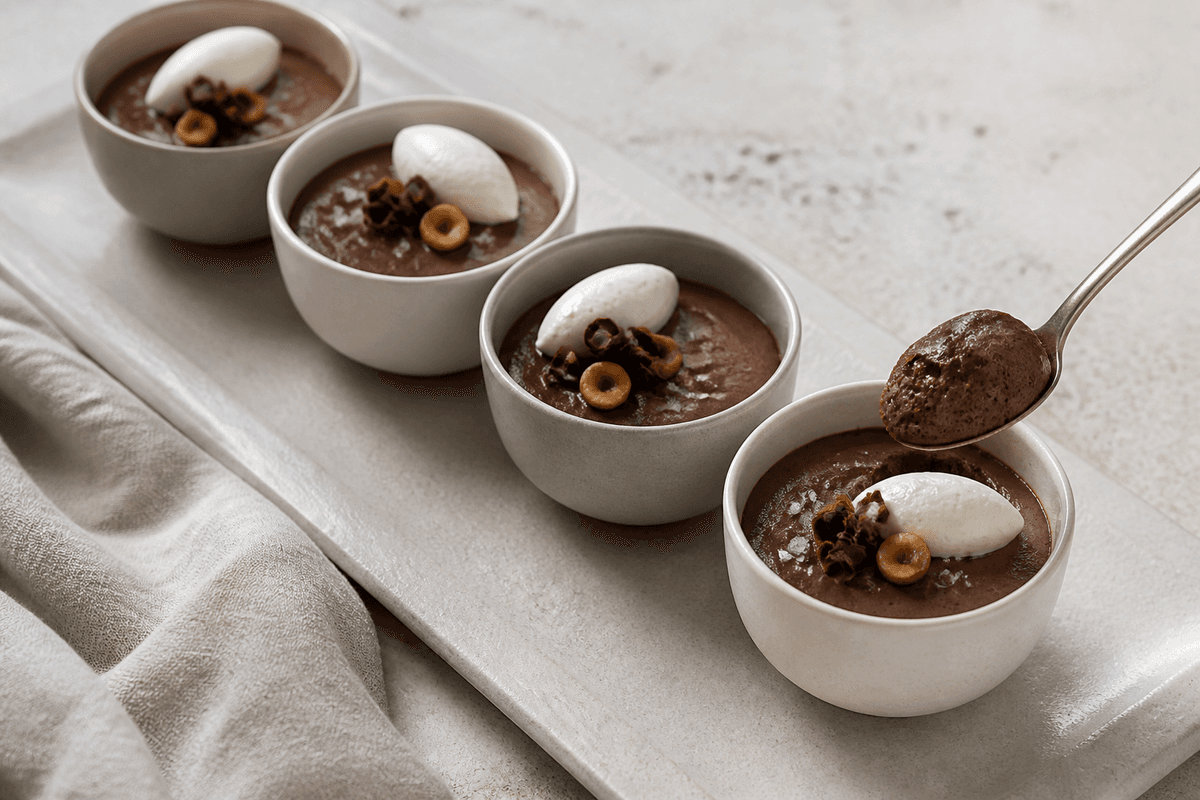 Fire små keramikkopper med mørk chokolademousse, flødequenelle, chokoladespåner og ristede hasselnødder