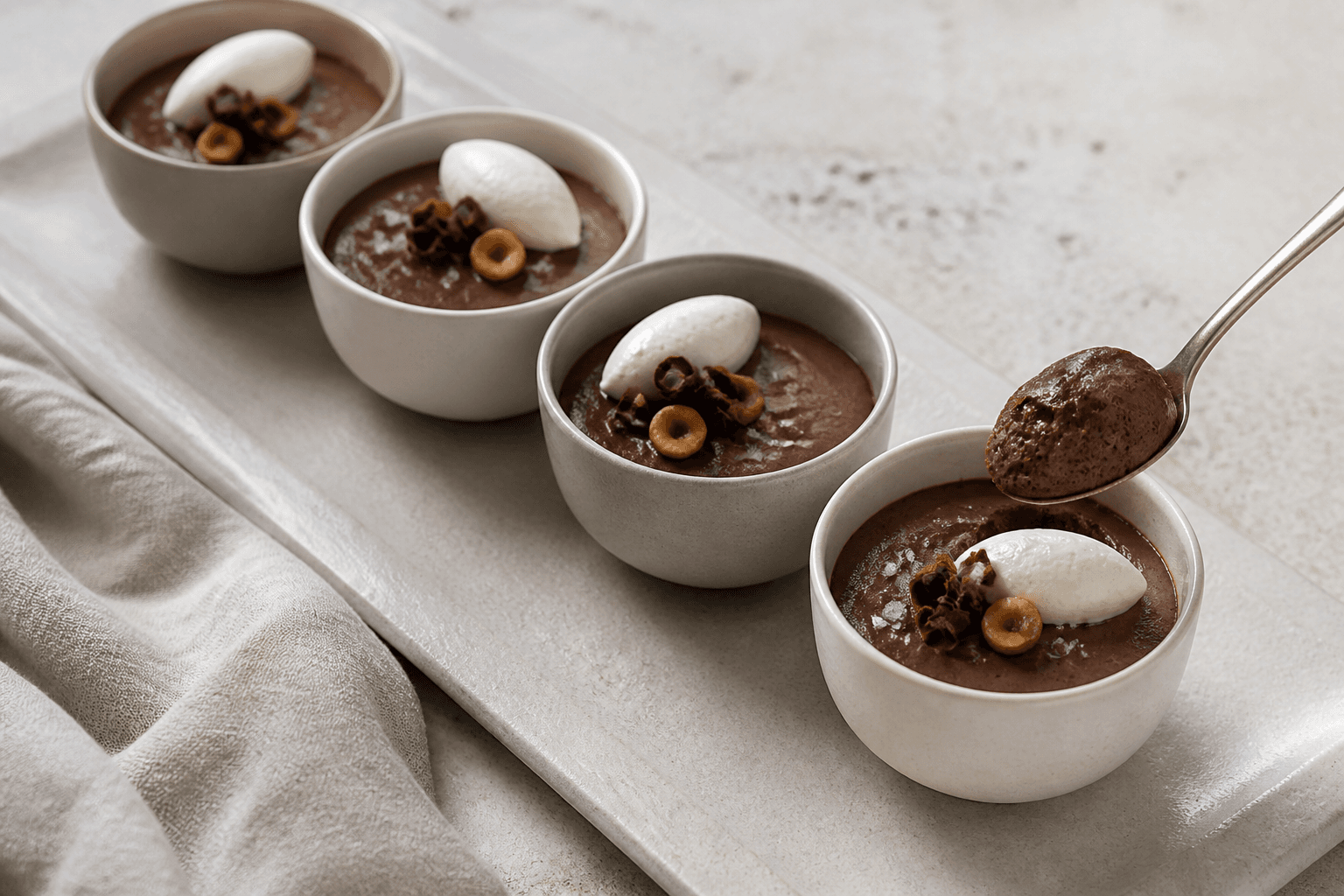 Fire små keramikkopper med mørk chokolademousse, flødequenelle, chokoladespåner og ristede hasselnødder