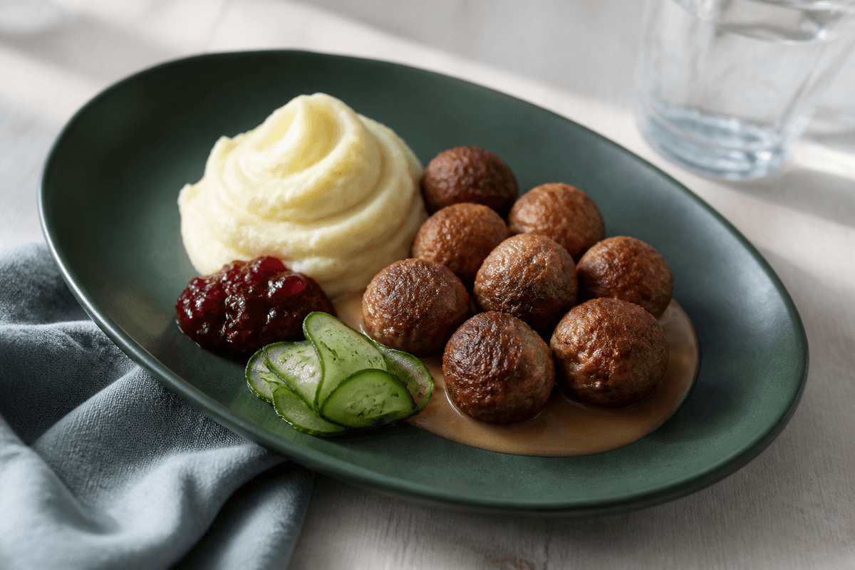 Svenske köttbullar med blank flødesauce, kartoffel-pastinakmos, tyttebær og syltede agurkebånd på mørkegrønt fad