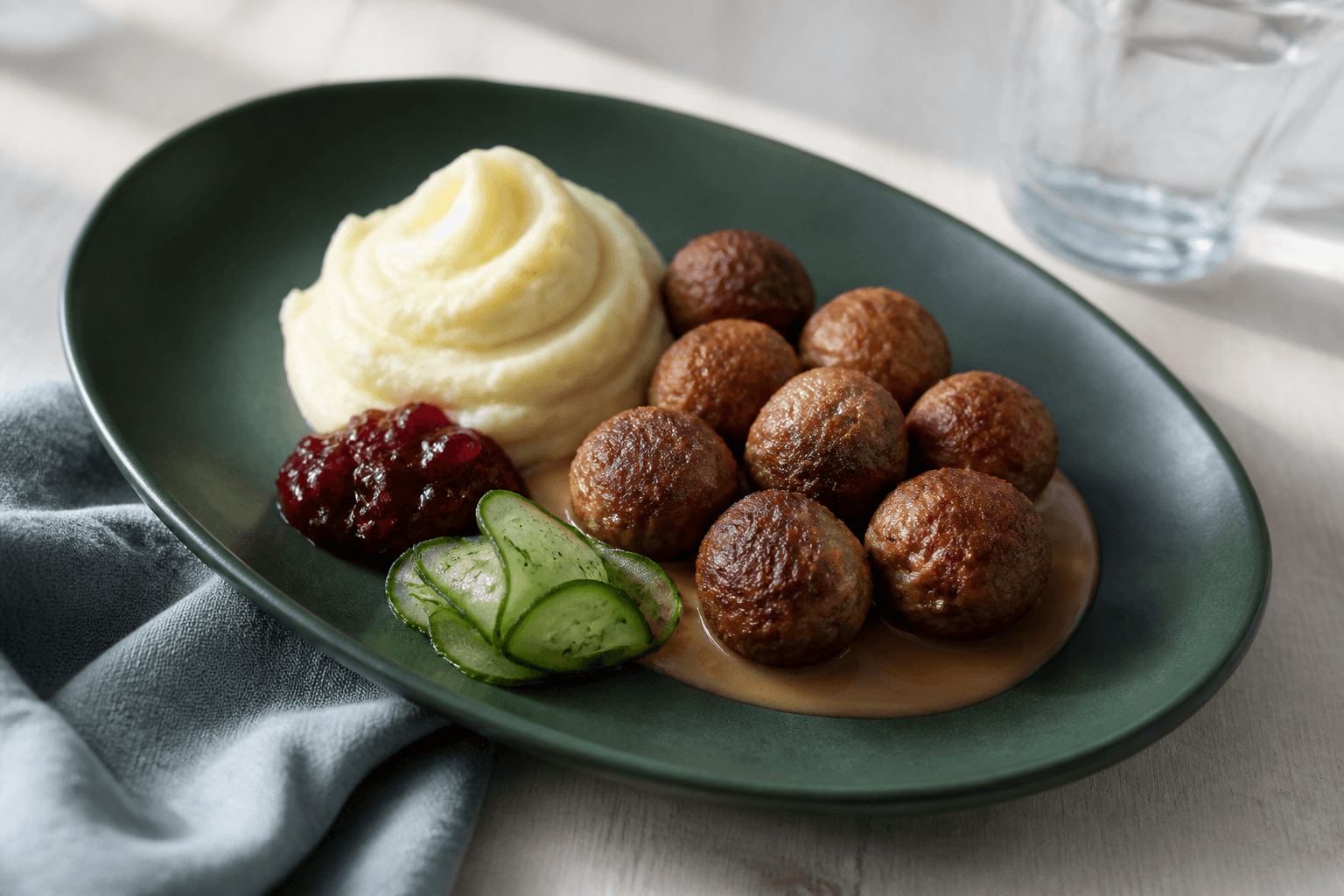 Svenske köttbullar med blank flødesauce, kartoffel-pastinakmos, tyttebær og syltede agurkebånd på mørkegrønt fad