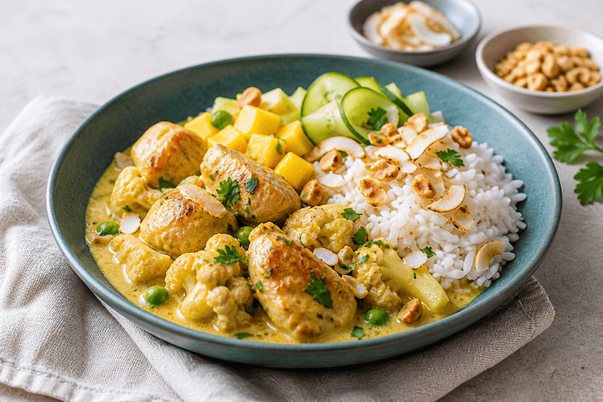 Kylling i gylden karry-kokossauce med blomkål, ærter, basmatiris, mango, agurk, kokos og peanuts i turkis skål