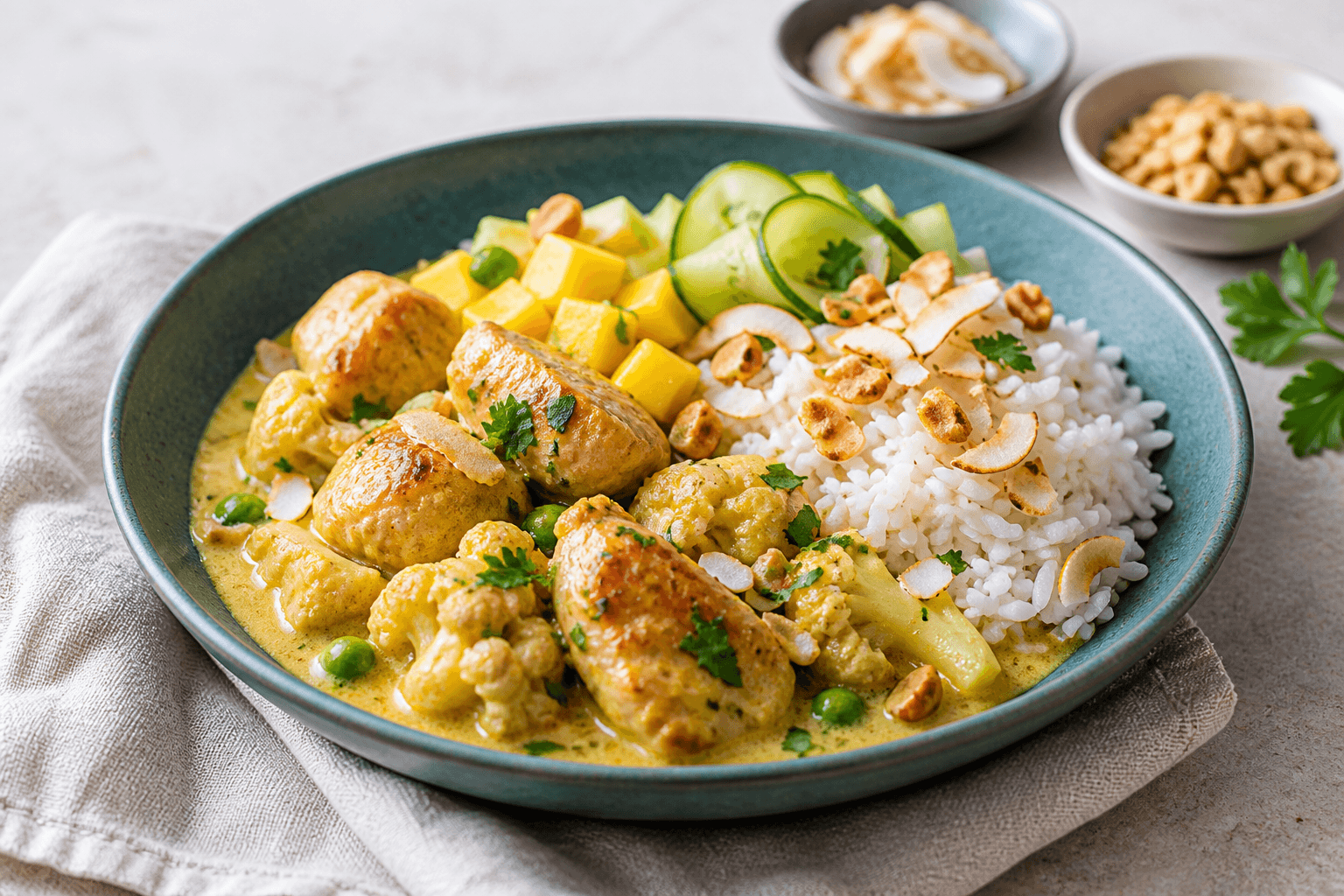Kylling i gylden karry-kokossauce med blomkål, ærter, basmatiris, mango, agurk, kokos og peanuts i turkis skål