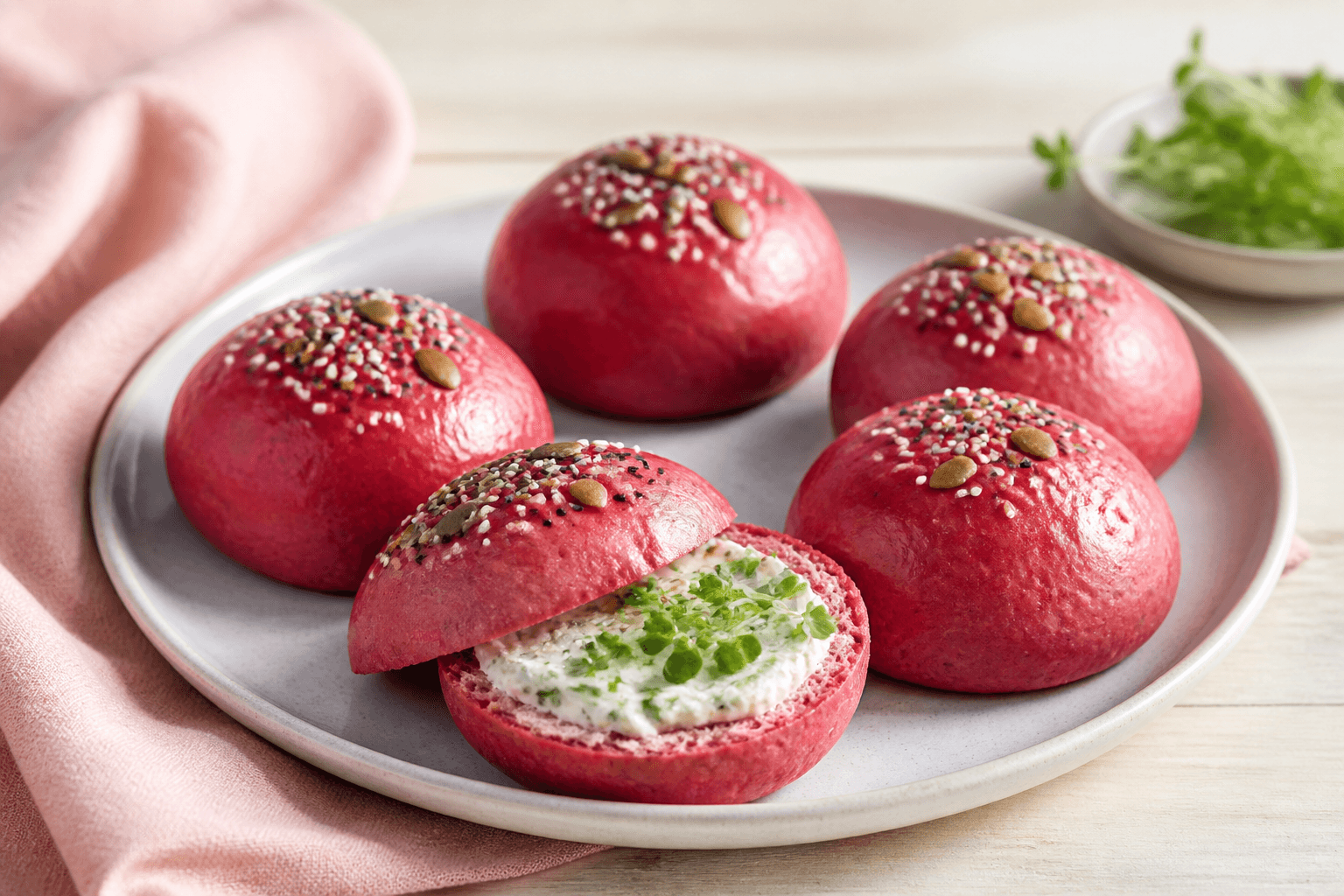 Fem glatte pink rødbedeboller med sort og hvid sesam samt græskarkerner, én åben med urteflødeost og karse