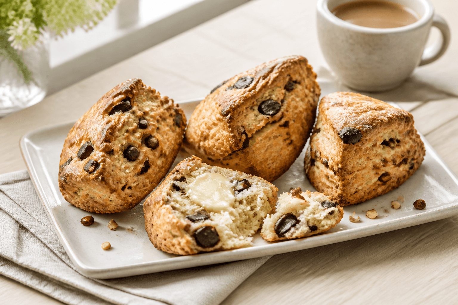 Høje trekantede chokoladescones med mørk chokolade, hasselnødder og smeltet smør på lyst rektangulært fad