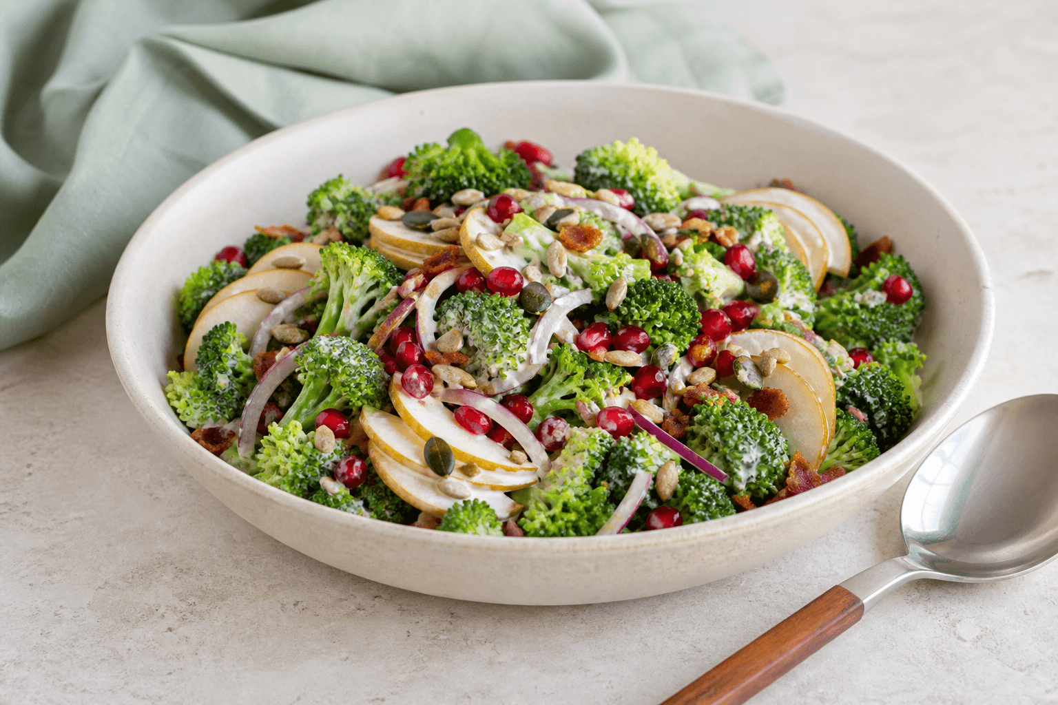 Frisk broccolisalat med pærevifter, granatæble, rødløg, ristede kerner og let urtedressing i bred råhvid skål