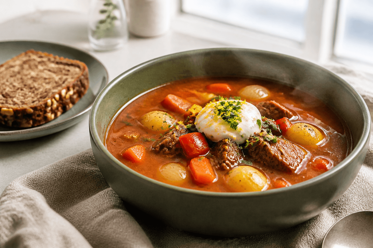 Fyldig paprika-rød gullashsuppe med møre oksekødstern, små kartofler, gulerod, peberfrugt, perleløg og peberrodscreme i mørkegrøn skål