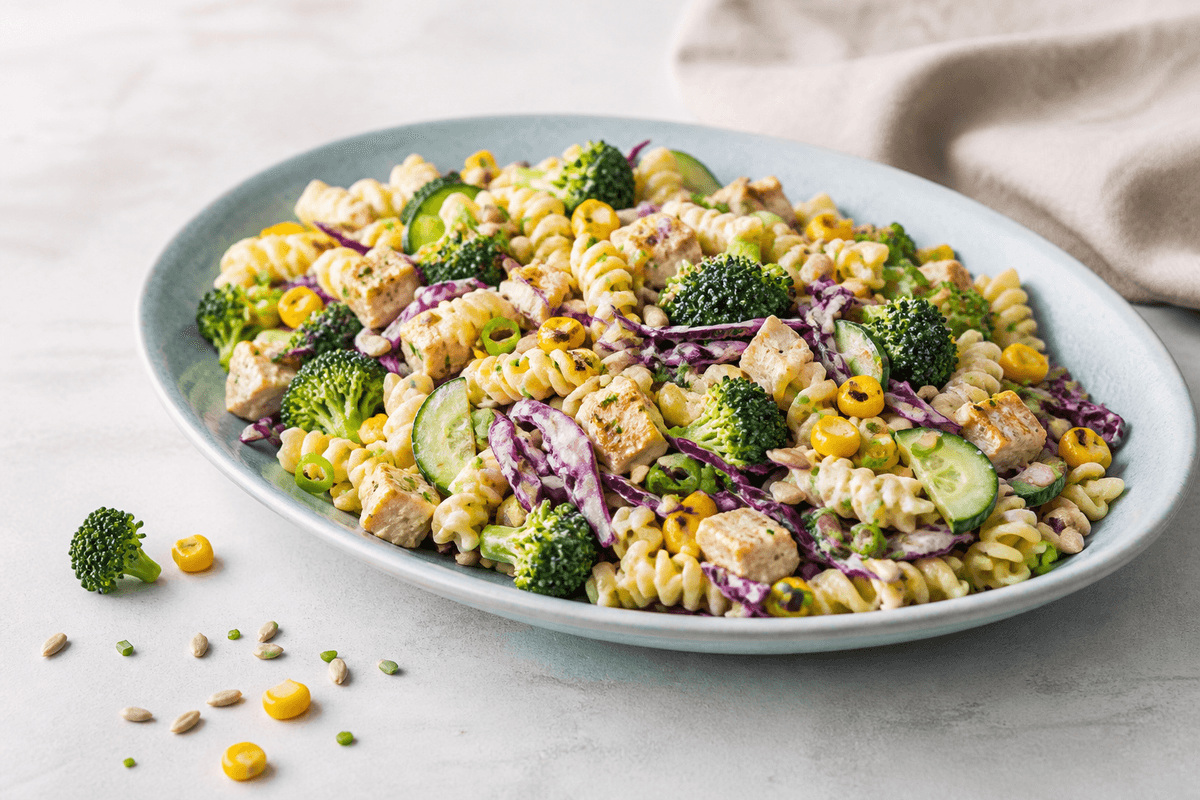 Lys cremet pastasalat med fusilli, grillet kylling, broccoli, majs, agurk, rødkål, forårsløg og solsikkekerner på lyseblåt fad