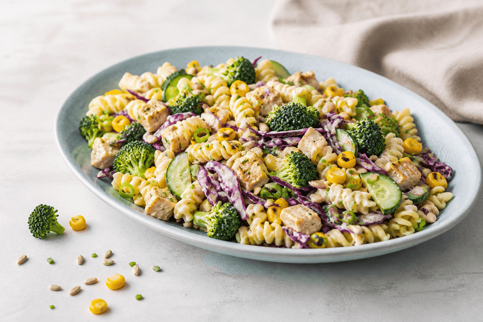 Lys cremet pastasalat med fusilli, grillet kylling, broccoli, majs, agurk, rødkål, forårsløg og solsikkekerner på lyseblåt fad