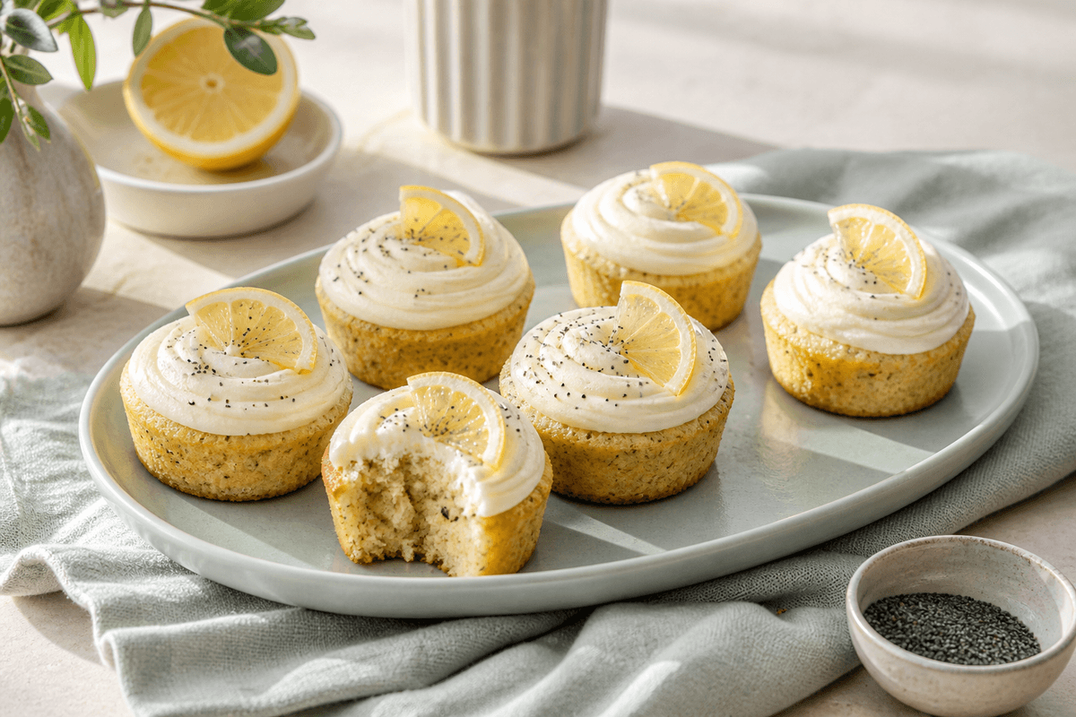 Seks lyse citronmuffins med birkes, skyrfrosting og tynde citronskiver på ovalt celadongrønt fad