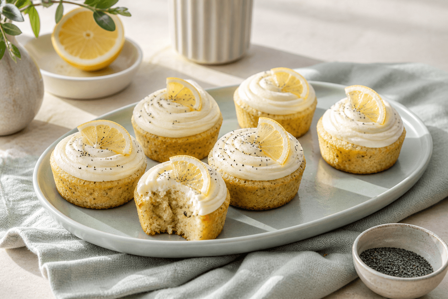 Seks lyse citronmuffins med birkes, skyrfrosting og tynde citronskiver på ovalt celadongrønt fad