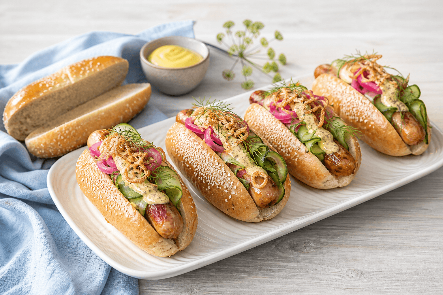 Fire hjemmelavede hotdogs med agurkebånd, pink rødløg, dildremoulade og sprøde skalotteløg på hvidt fad