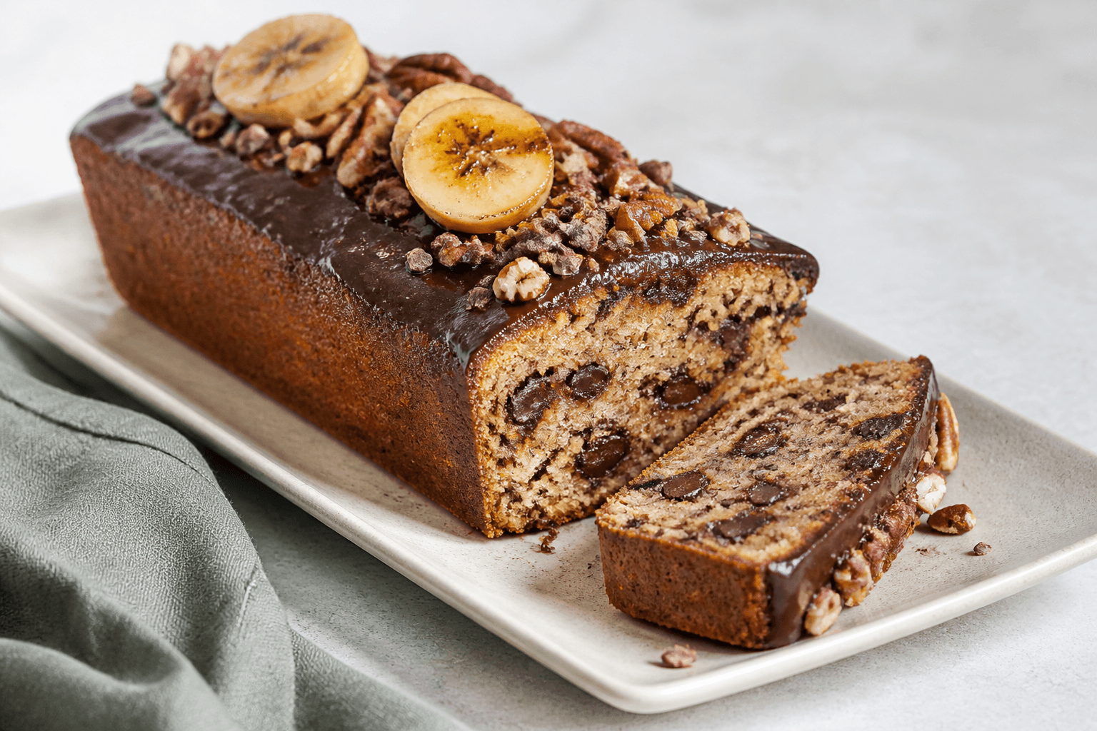 Aflang banankage med mørk chokolade-tahinglasur, pekannødder, kakaonibs og brændte bananskiver på sandfarvet fad