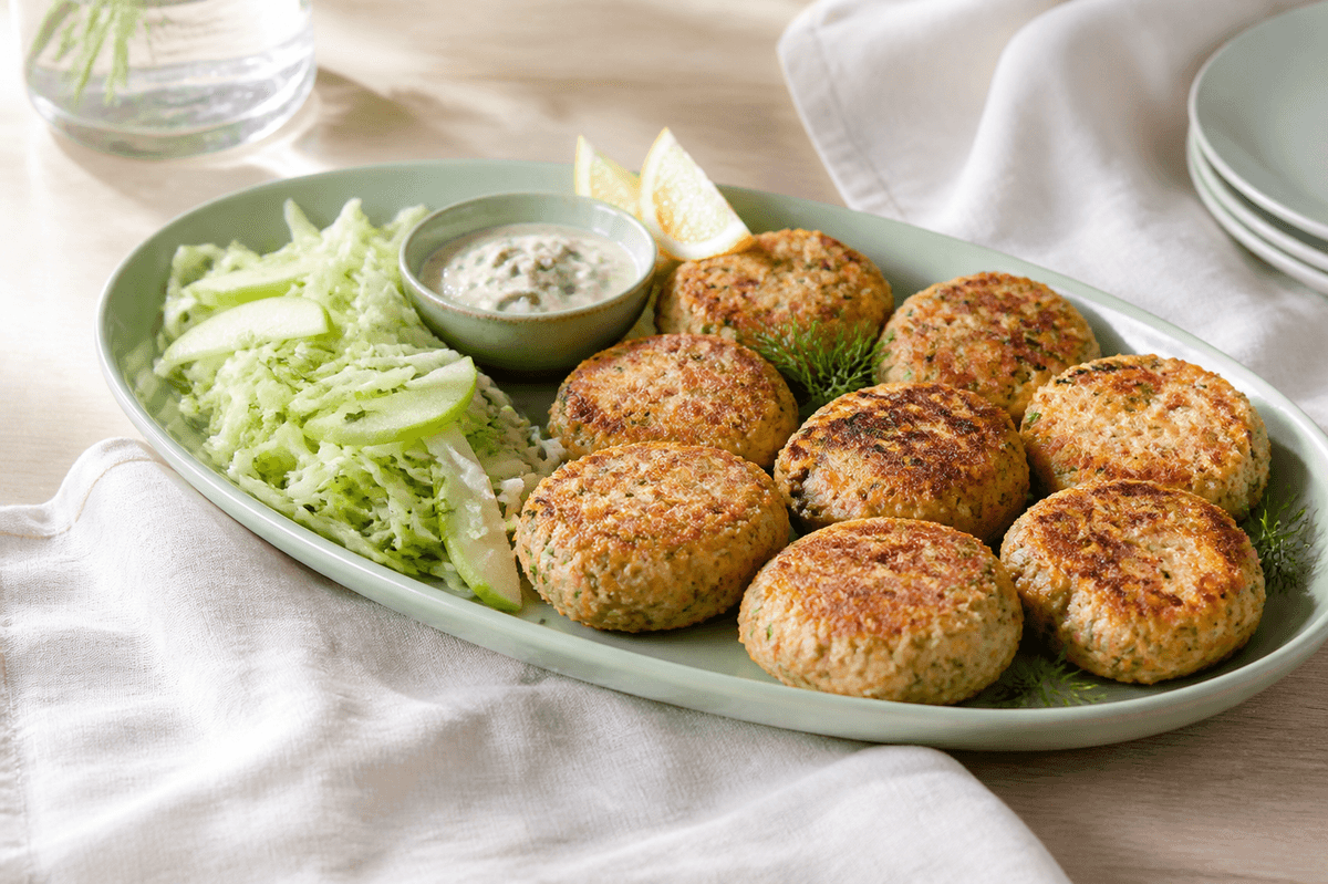 Gyldne fiskefrikadeller med torsk, røget laks og dild på salviegrønt fad med kålsalat og kapersskyr