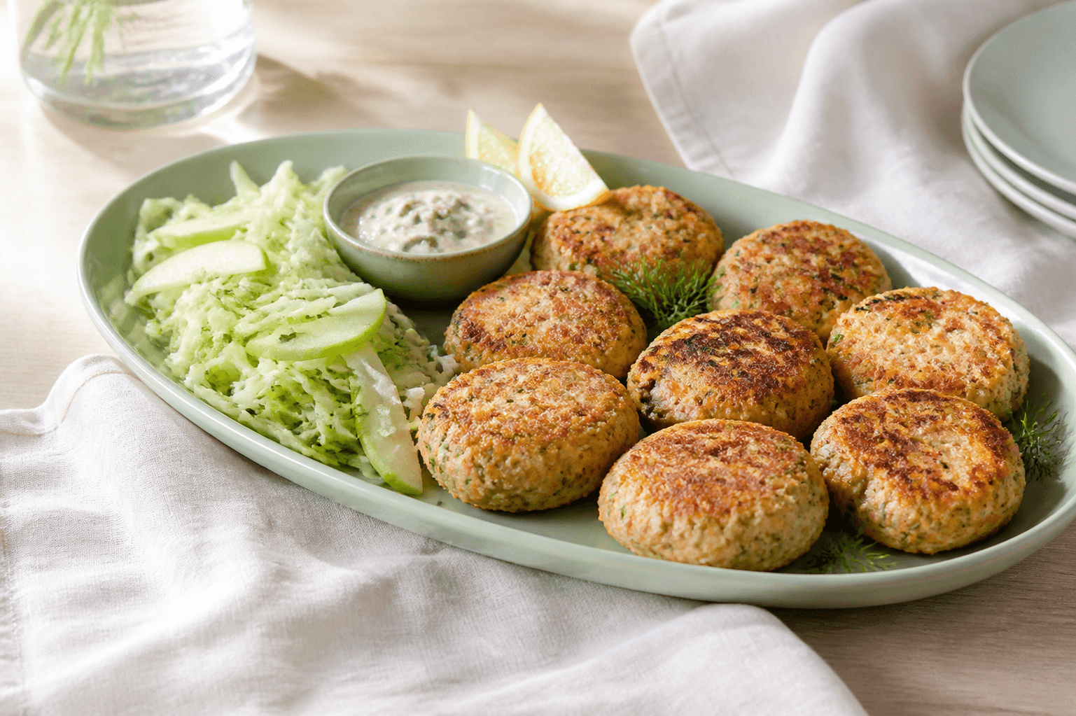 Gyldne fiskefrikadeller med torsk, røget laks og dild på salviegrønt fad med kålsalat og kapersskyr