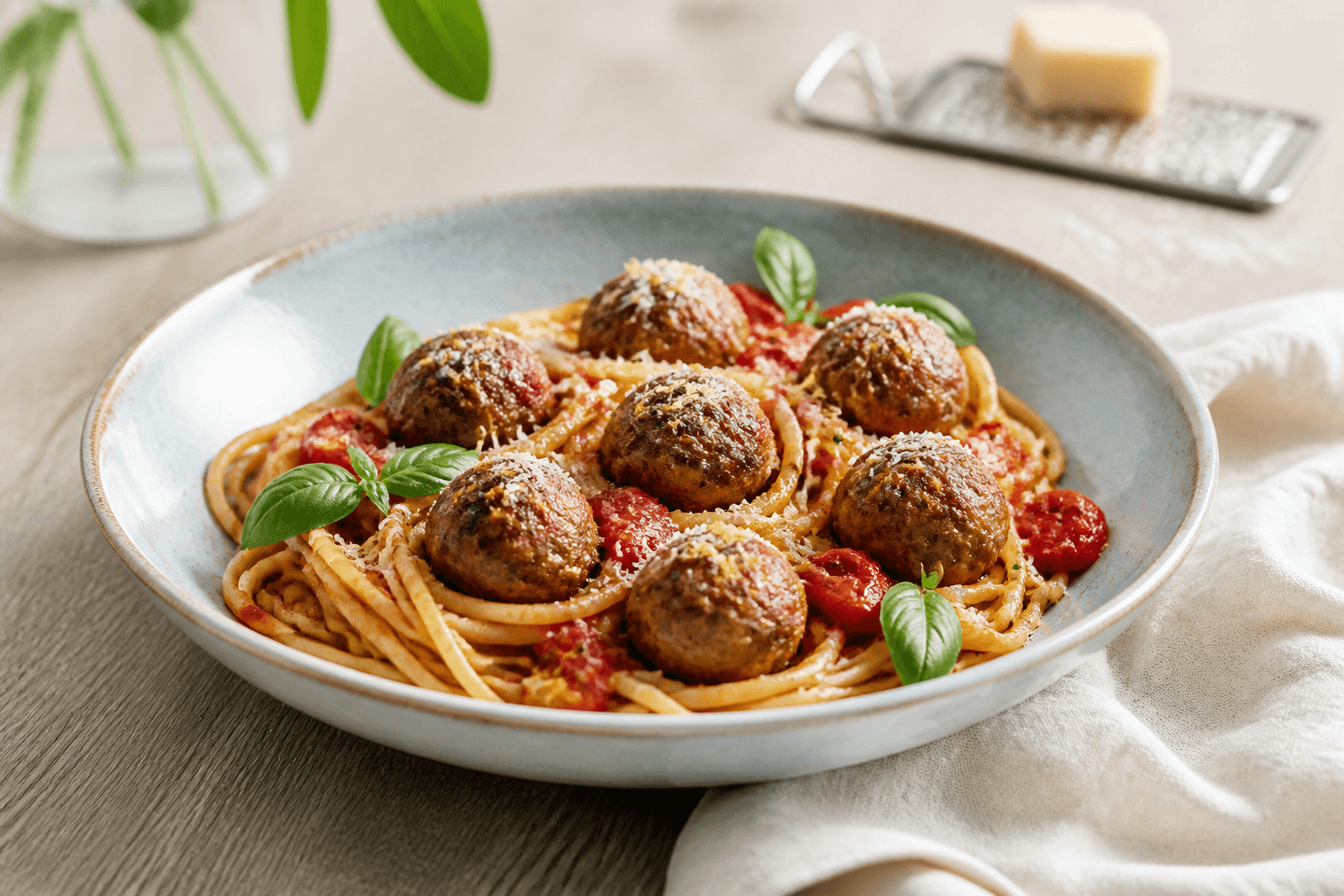 Spaghetti med syv gyldne kødboller, rustik sauce af ristede tomater og peberfrugt, basilikum og parmesan i lyseblå skål