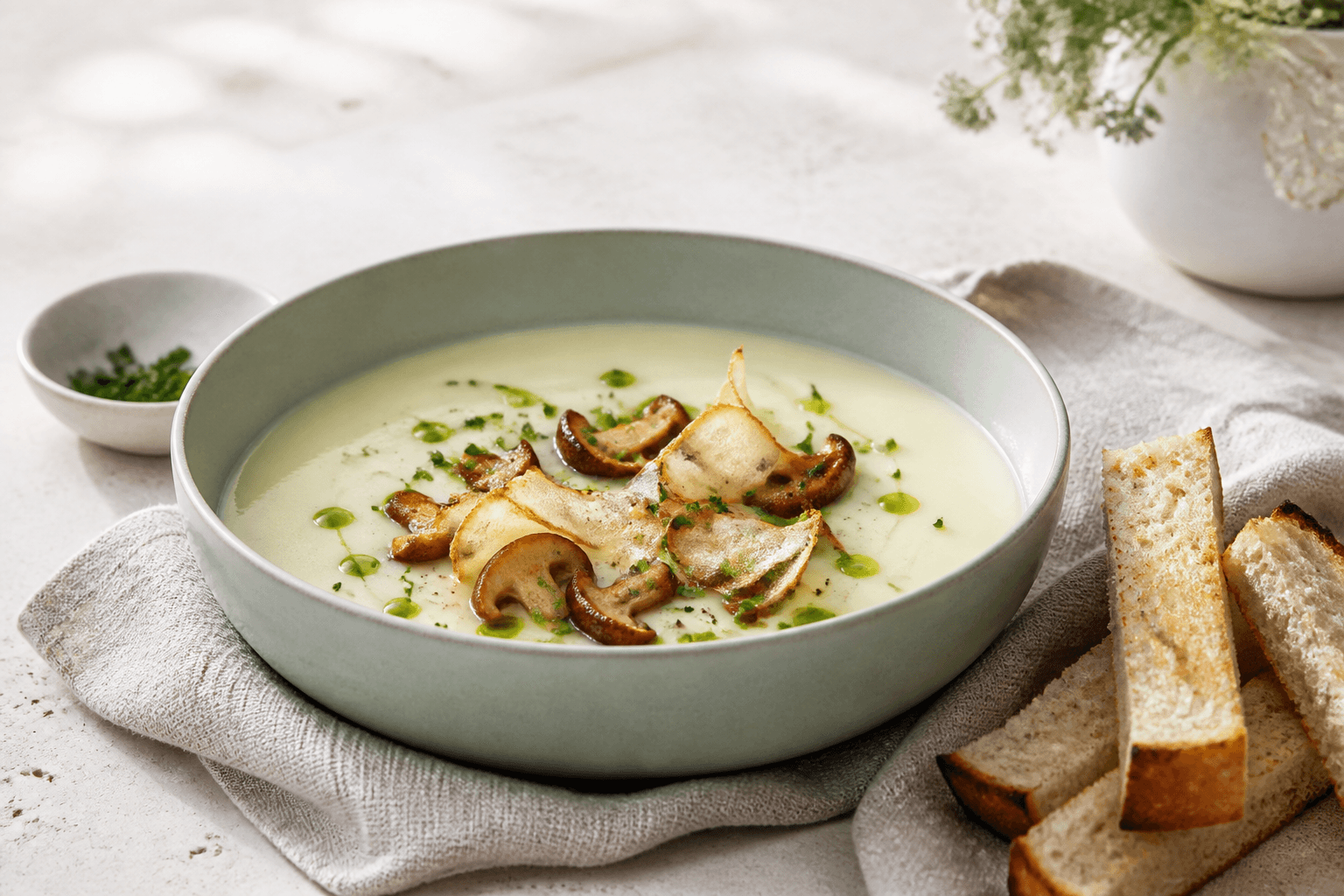 Silkeblød kartoffel-porresuppe i celadongrøn skål med brunede svampe, tynde kartoffelchips, purløgsolie og surdejsbrød