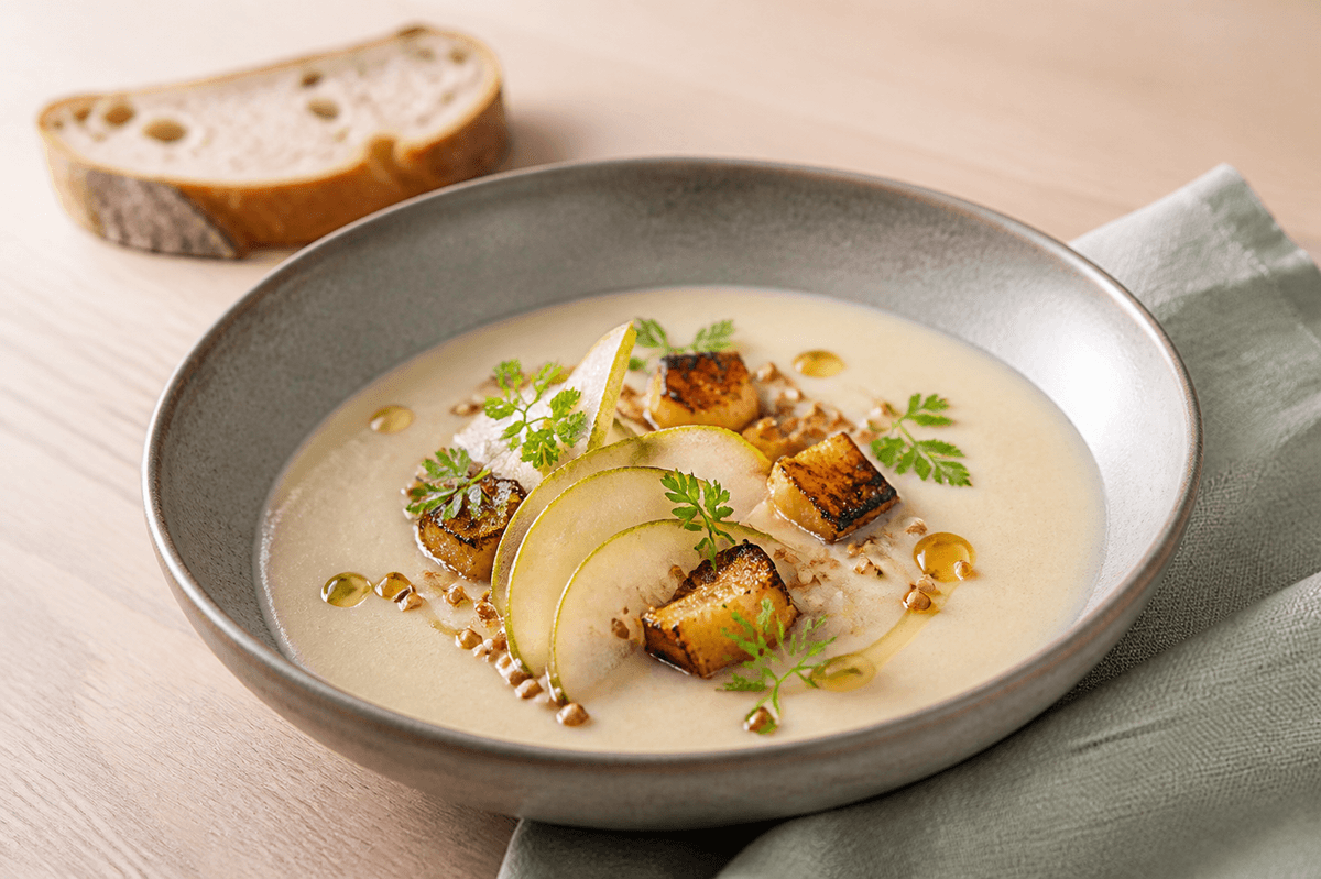 Cremet jordskokkesuppe i varmgrå skål med stegte jordskokketern, tynde pæreskiver, ristet boghvede, brunet smør og kørvel