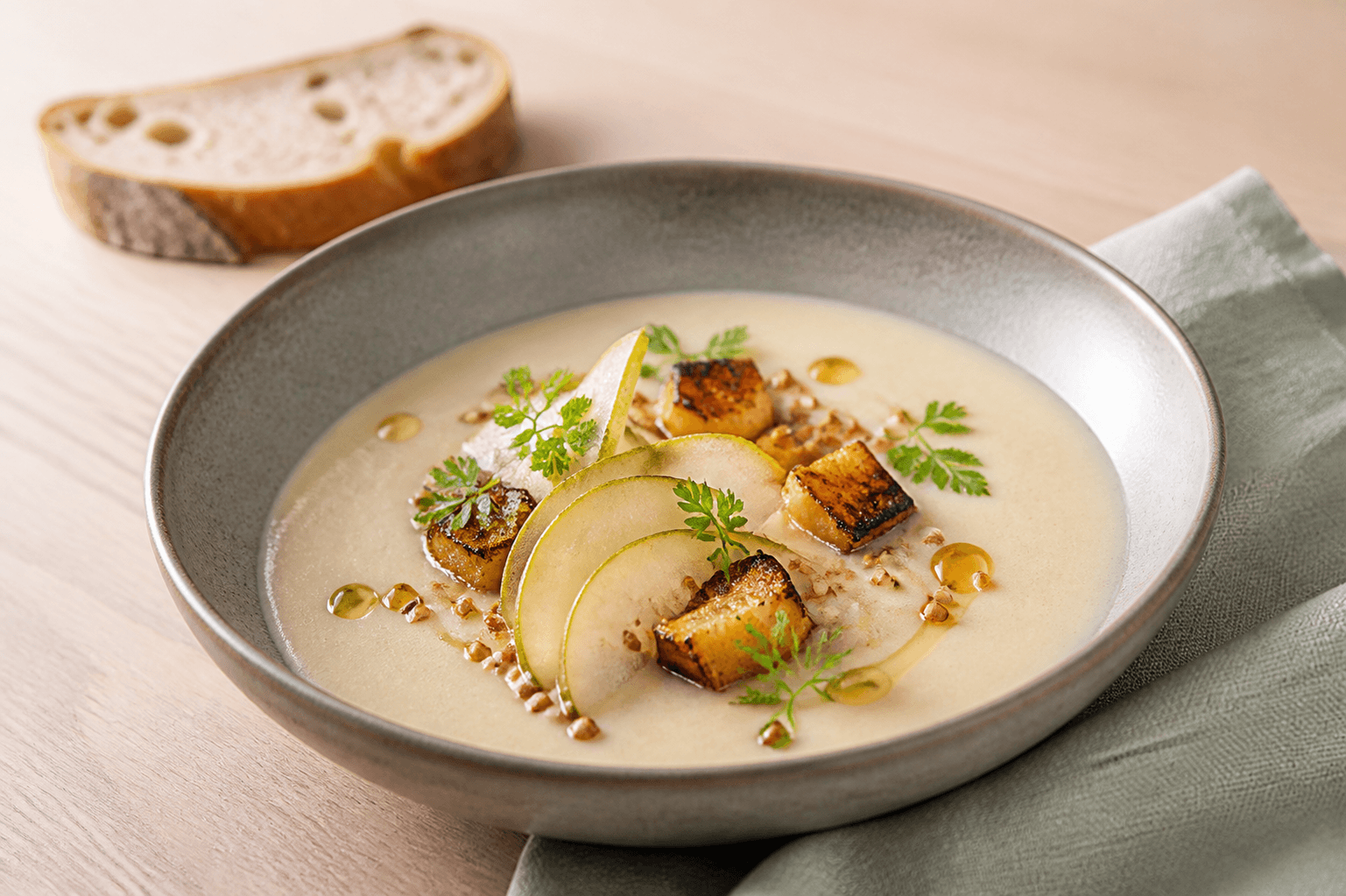 Cremet jordskokkesuppe i varmgrå skål med stegte jordskokketern, tynde pæreskiver, ristet boghvede, brunet smør og kørvel