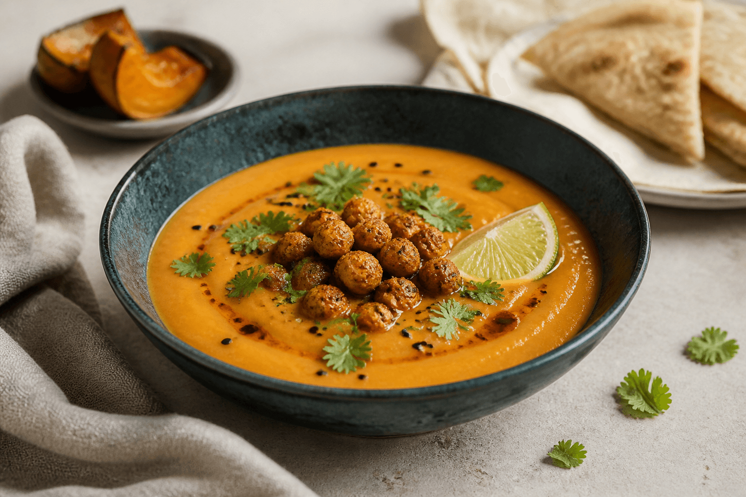 Dyb orange hokkaidosuppe med røde linser og kokos i mørk teal skål, toppet med sprøde kikærter, chiliolie, koriander, sesam og lime