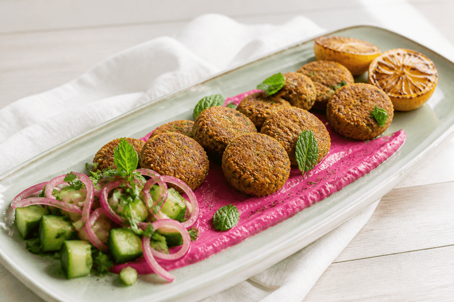 Ni flade, sprøde falafler med persille og koriander på salviegrønt fad med rødbede-tahin, agurkesalat og grillet citron