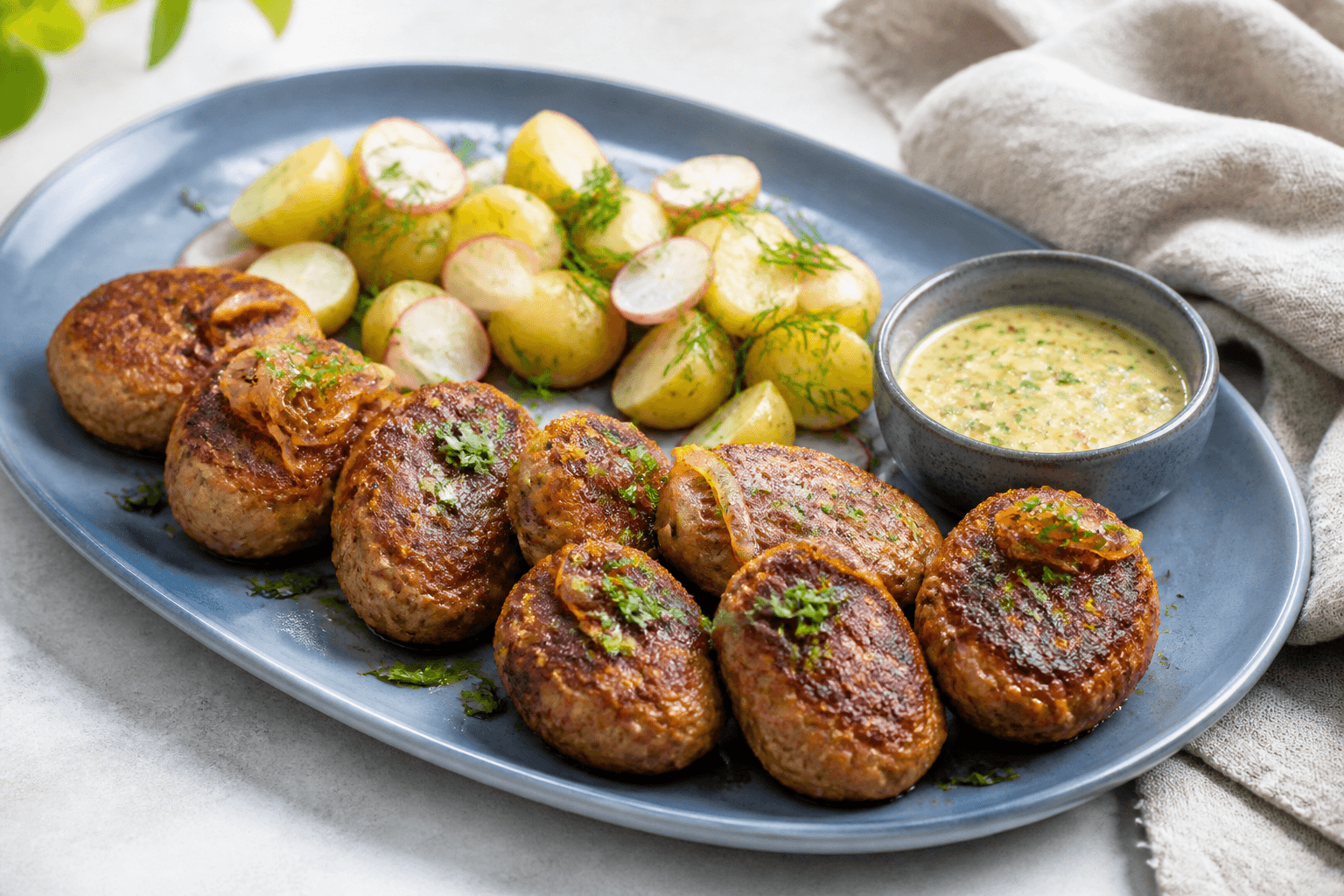 Otte ovale gyldne frikadeller med karamelliserede løg på støvet blåt fad med lun kartoffel-radisesalat og sennepsdressing