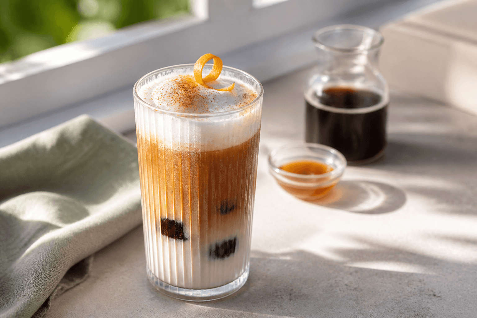 Lagvis iskaffe i højt riflet glas med kaffeisterninger, havremælk, koldskum, kardemomme og appelsinskal i nordisk sommerlys
