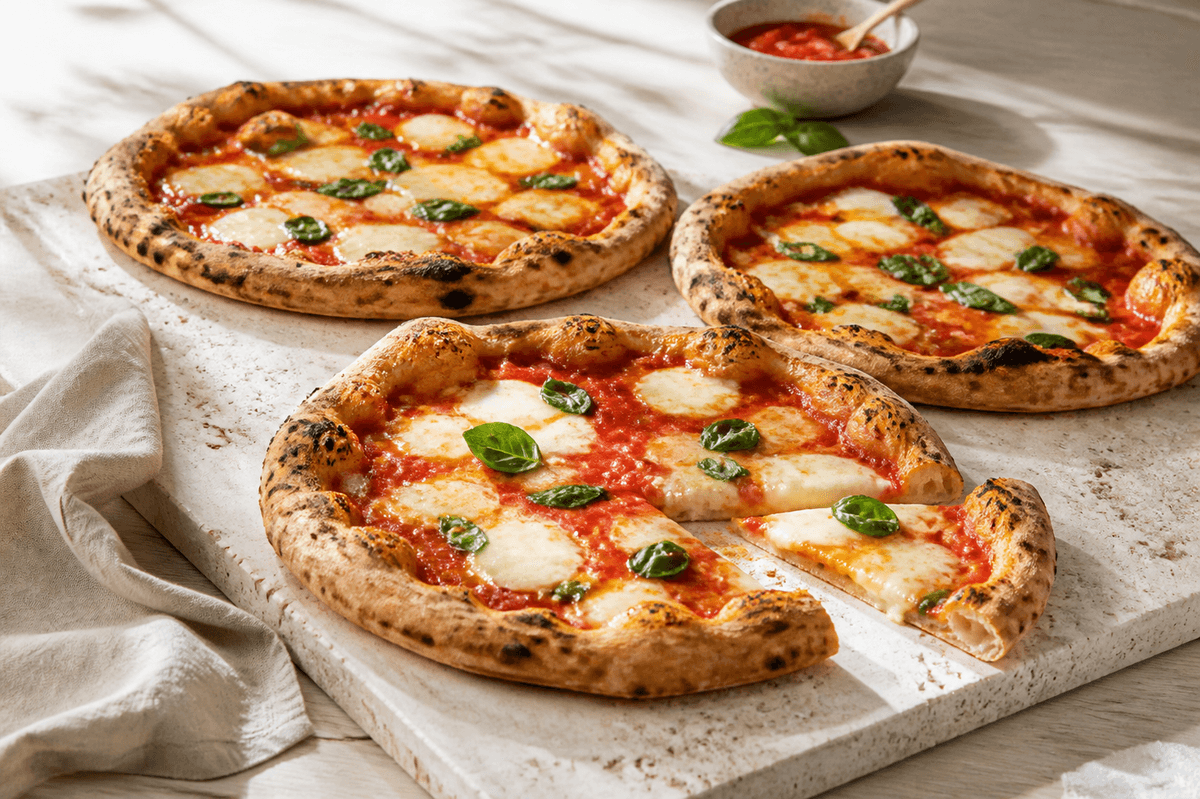 Tre små surdejspizza Margherita med leopardprikket kant, tomat, fior di latte og basilikum på lyst travertinfad