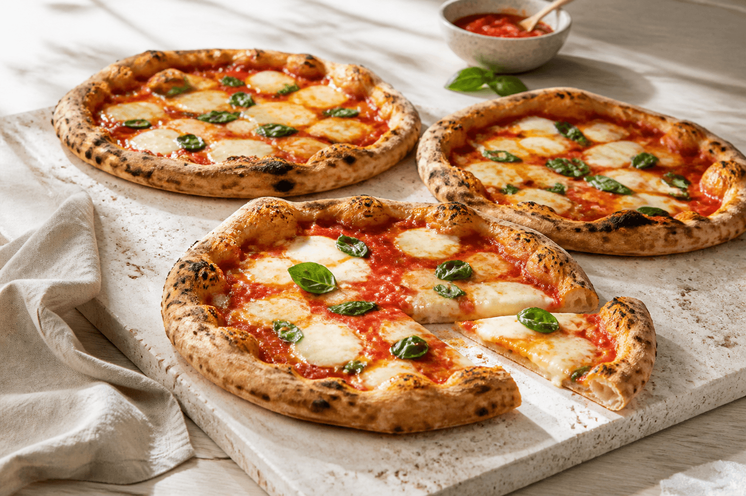 Tre små surdejspizza Margherita med leopardprikket kant, tomat, fior di latte og basilikum på lyst travertinfad