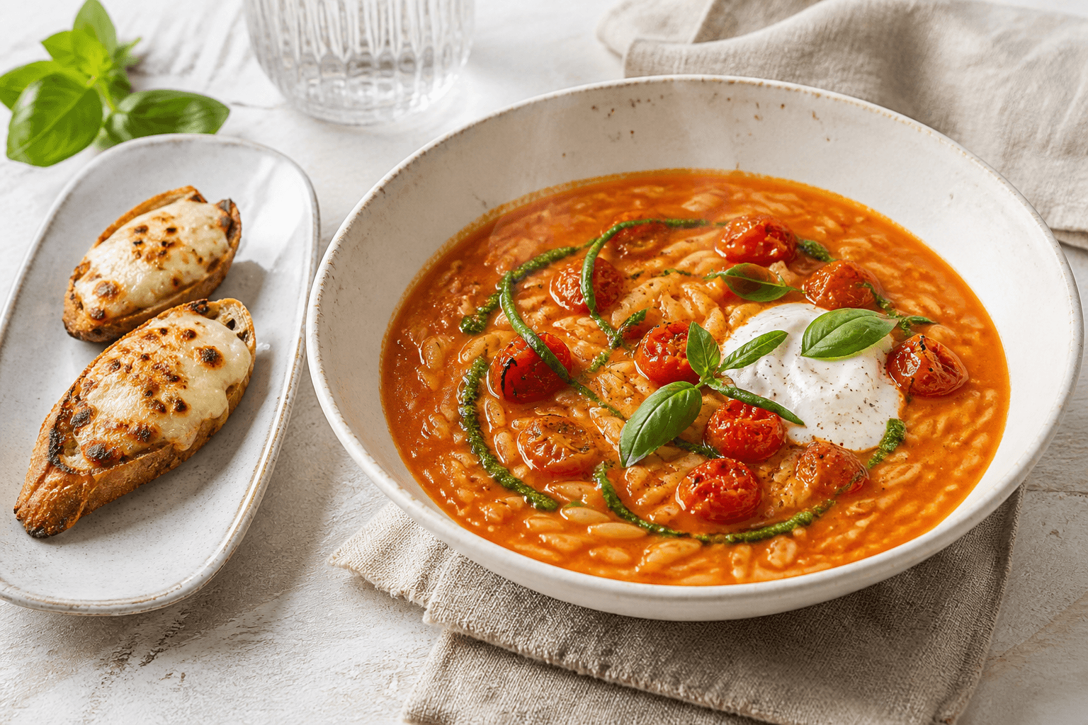 Ristet tomatsuppe med røde linser, orzo, bagte cherrytomater, basilikumolie og mozzarella-ristet surdejsbrød i lyst nordisk miljø