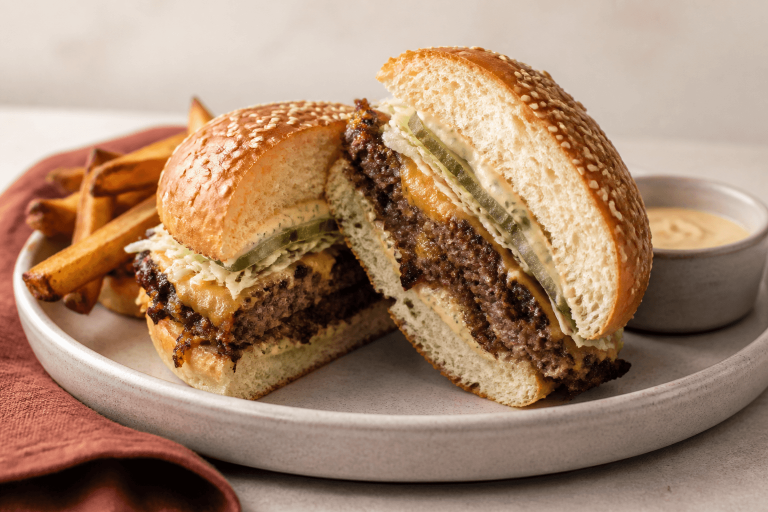Dobbelt smashburger med sprøde bøfkanter, cheddar, dildsyltet agurk, kål og senneps-løgmayo skåret i halve på lyst nordisk fad