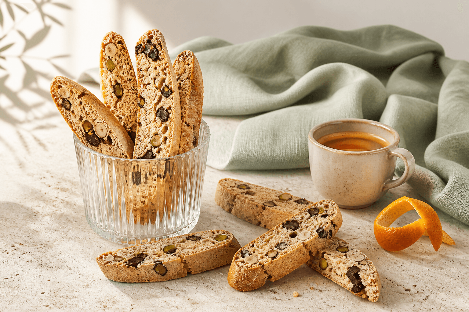 Sprøde appelsinbiscotti med pistacie, hasselnød og mørk chokolade i rillet glas og på lys travertin med espresso og appelsinskal