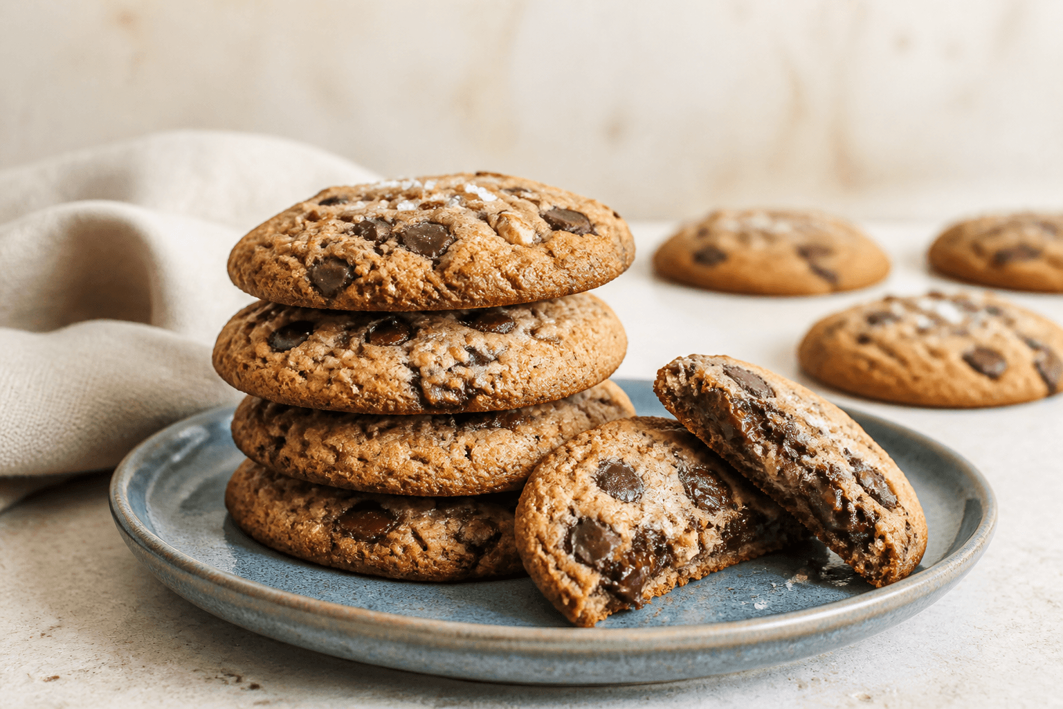 Tykke brunet-smør-cookies med rug, mørk chokolade, pecan og flagesalt stablet på støvet blå tallerken med en cookie brækket åben