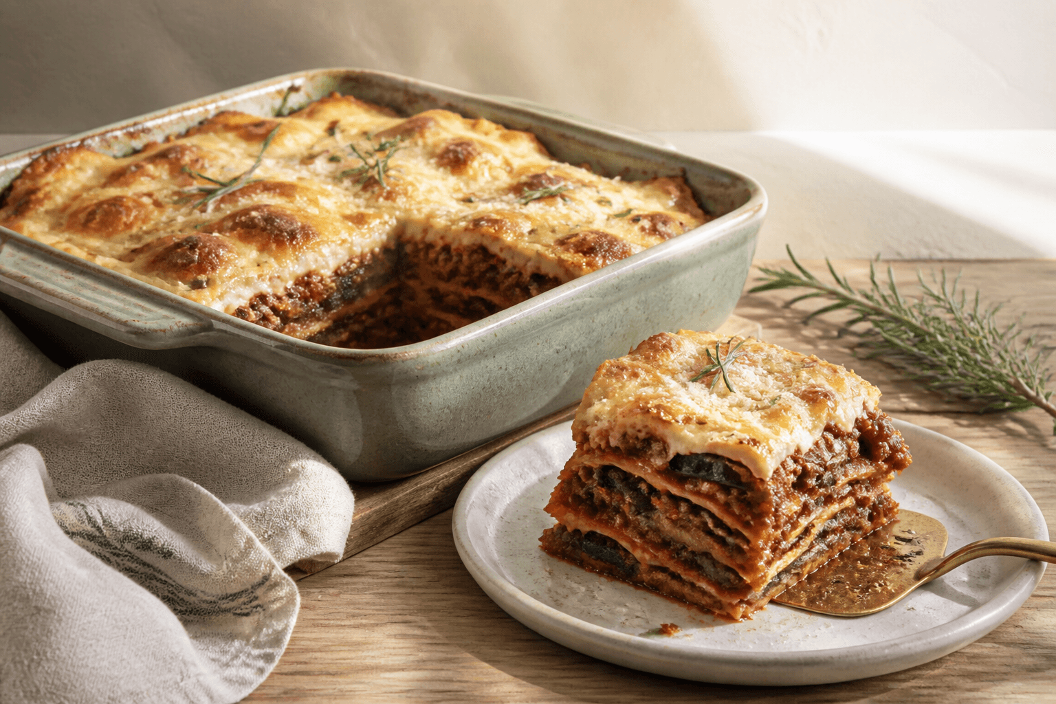 Lagvis lasagne med oksekød, ristet aubergine, svampe og gylden rosmarin-parmesanbéchamel i salviegrønt fad med et stykke løftet ud